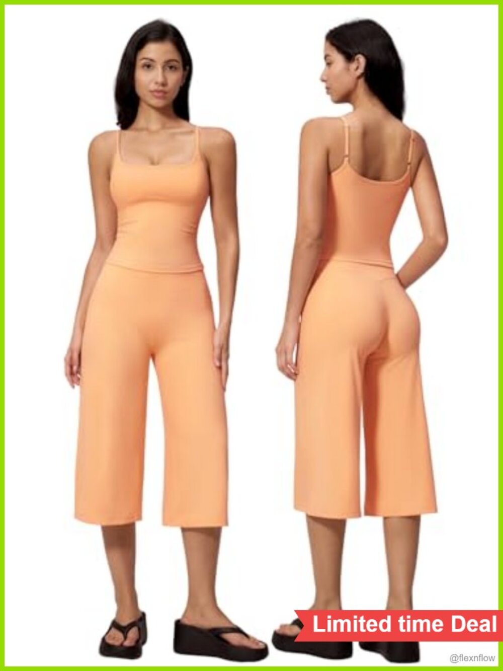 Two Piece Workout Set Spaghetti Strap Crop Top Wide Leg Capri Pants Gym Pilates
